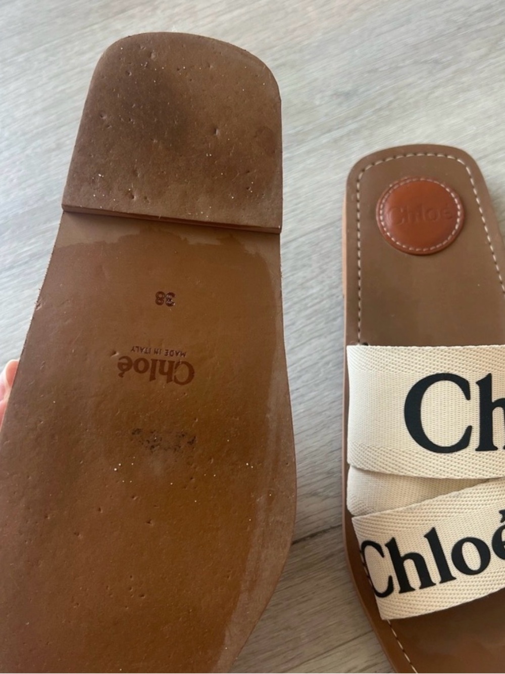 Chloé Beige Canvas Logo Brown Leather Slide Sandals - Picture 5 of 7